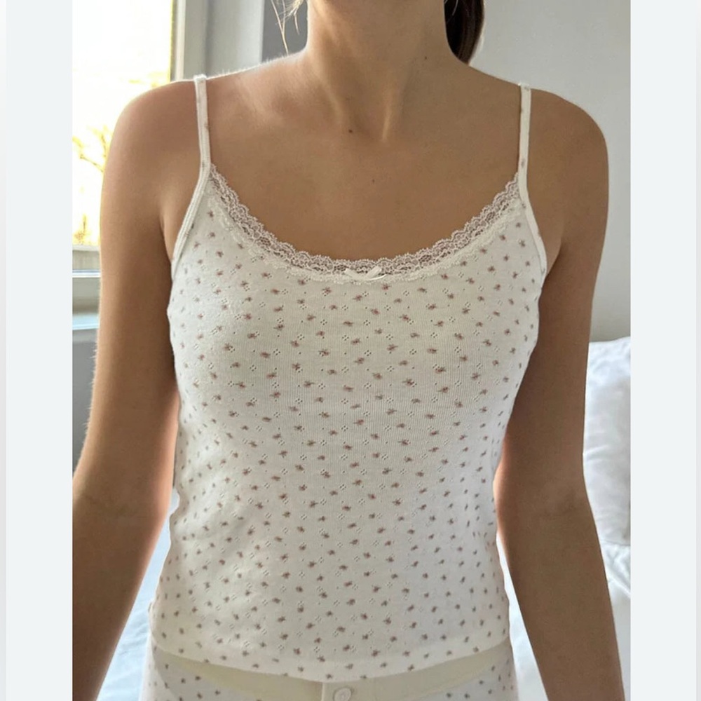 Brandy White Floral Lace Trim Cami Top
